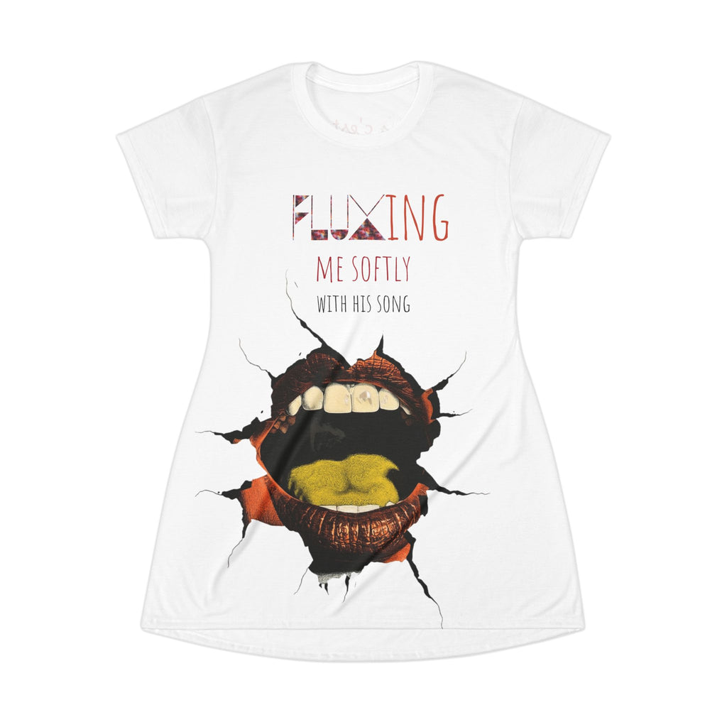 T-Shirt Dress — 'Fluxing Me Softly' Graphic T-Shirt Dress with Ripped Lip Design (Le Flux c'est chic)