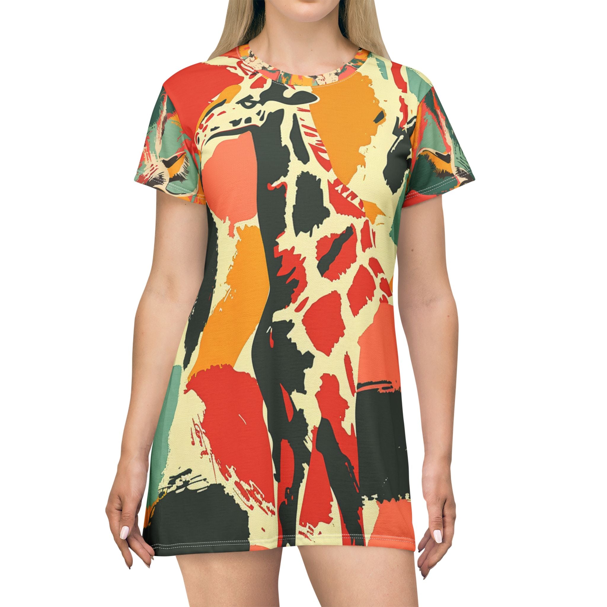 Giraffe Abstract Print T‑Shirt Dress — Colorful Safari AOP Mini Dress