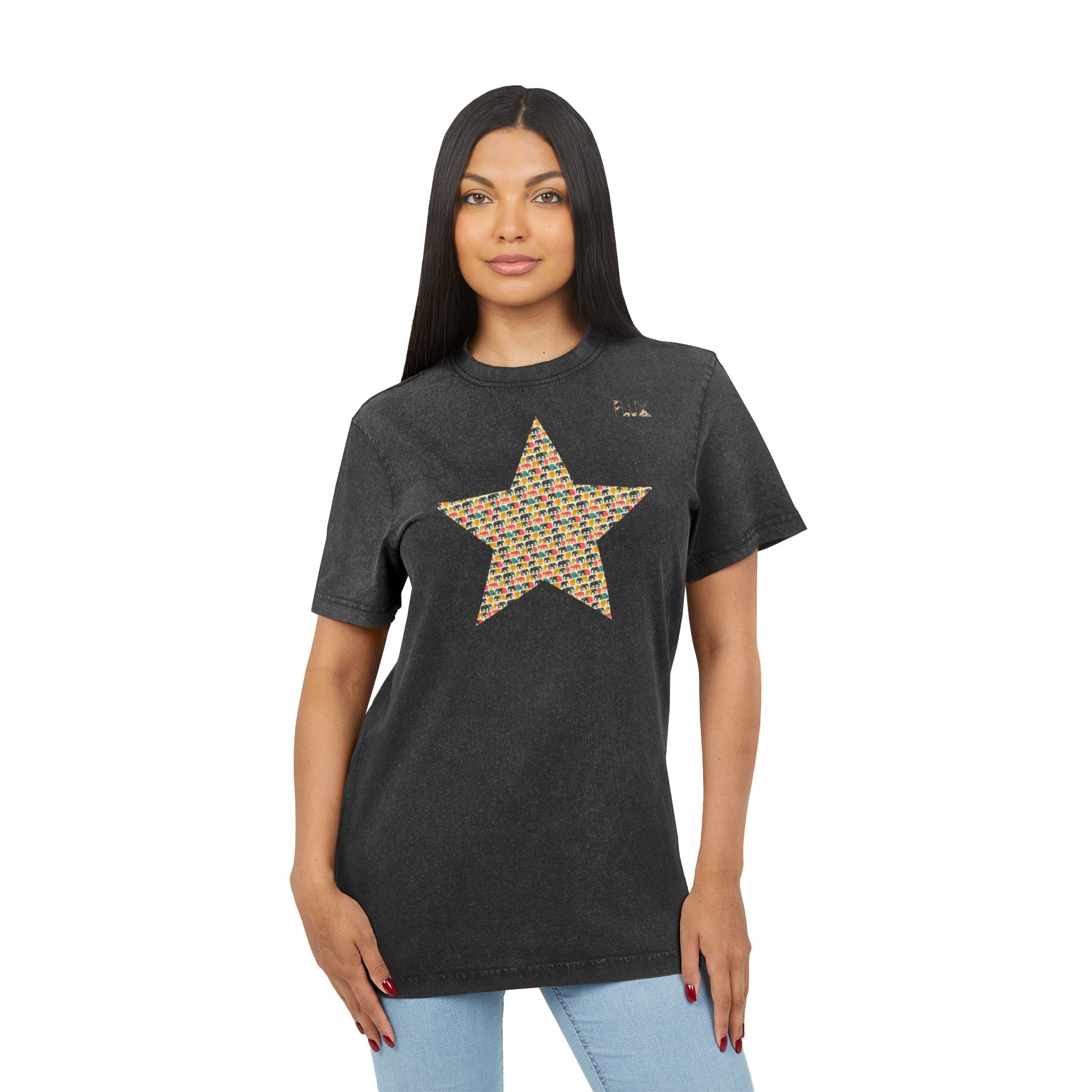 Acid Wash Star Tee : elephant— Vintage Black Graphic T‑Shirt (Party Animal Sanctuary Back Print)