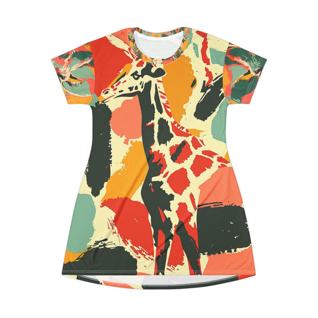 Giraffe Abstract Print T‑Shirt Dress — Colorful Safari AOP Mini Dress