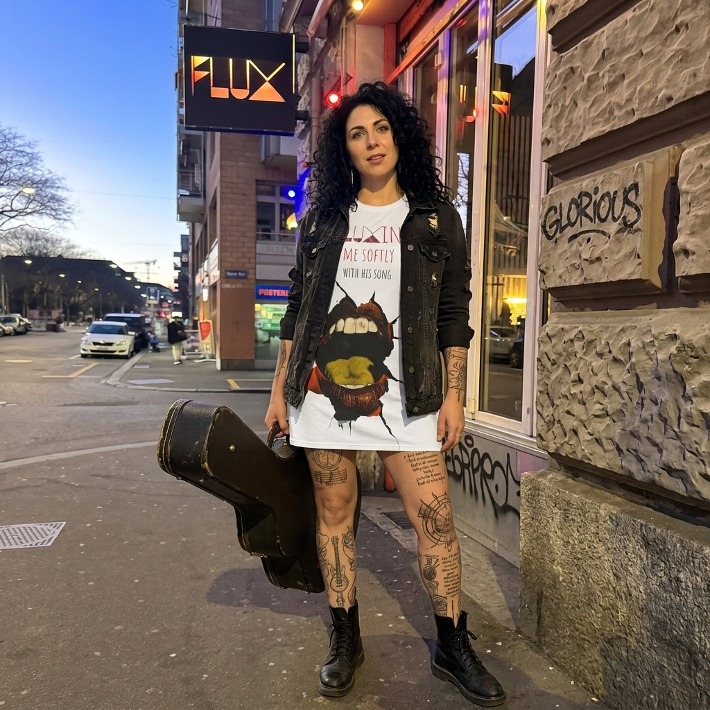 T-Shirt Dress — 'Fluxing Me Softly' Graphic T-Shirt Dress with Ripped Lip Design (Le Flux c'est chic)