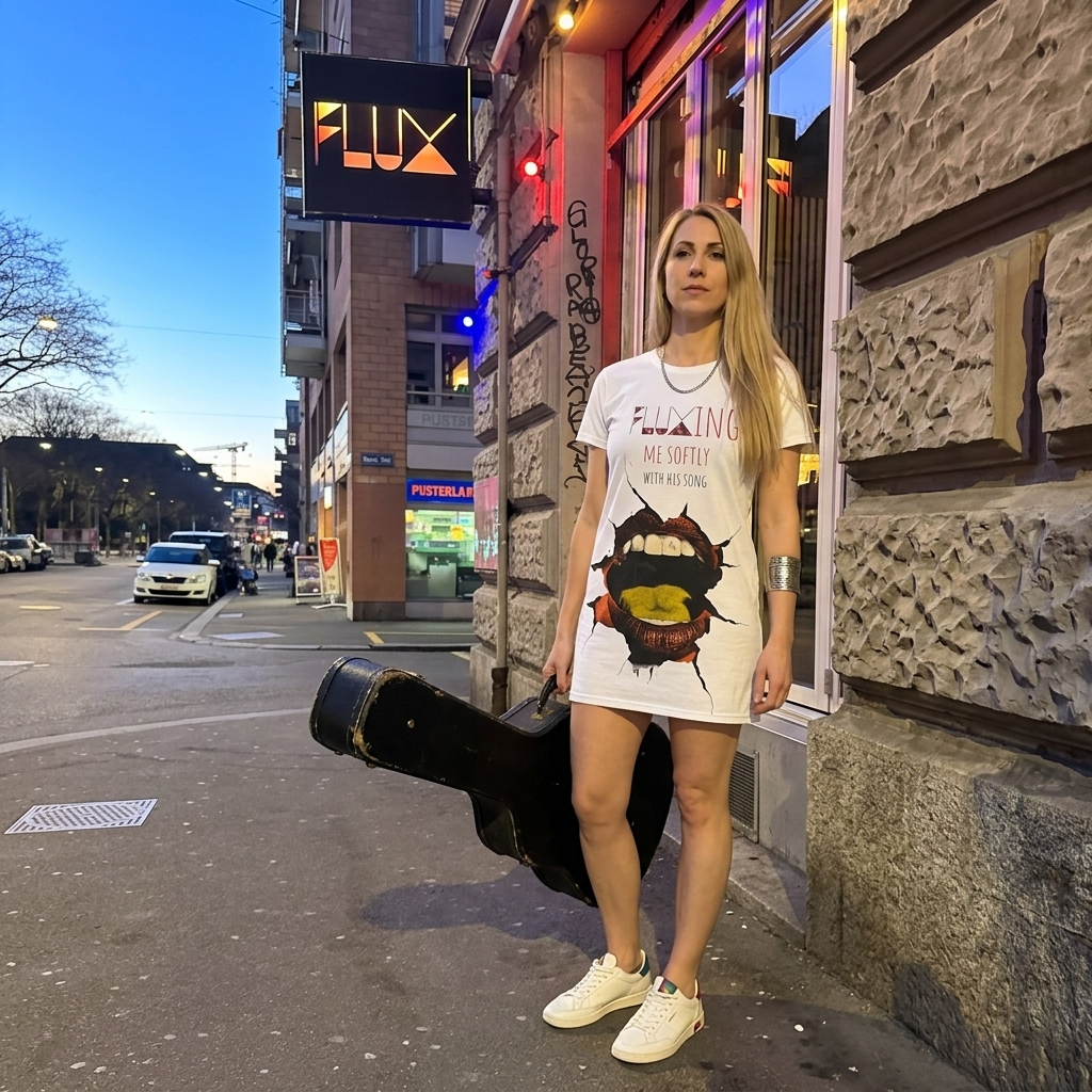 T-Shirt Dress — 'Fluxing Me Softly' Graphic T-Shirt Dress with Ripped Lip Design (Le Flux c'est chic)