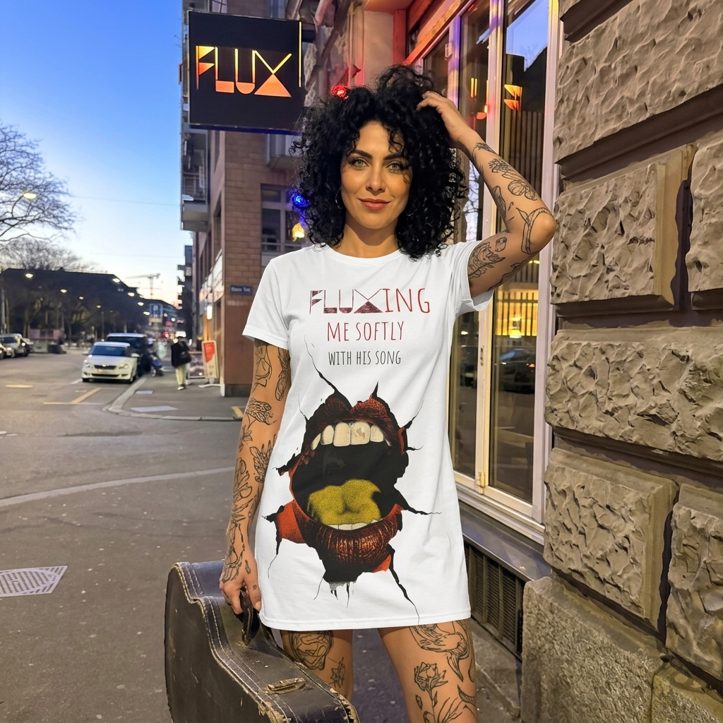 T-Shirt Dress — 'Fluxing Me Softly' Graphic T-Shirt Dress with Ripped Lip Design (Le Flux c'est chic)