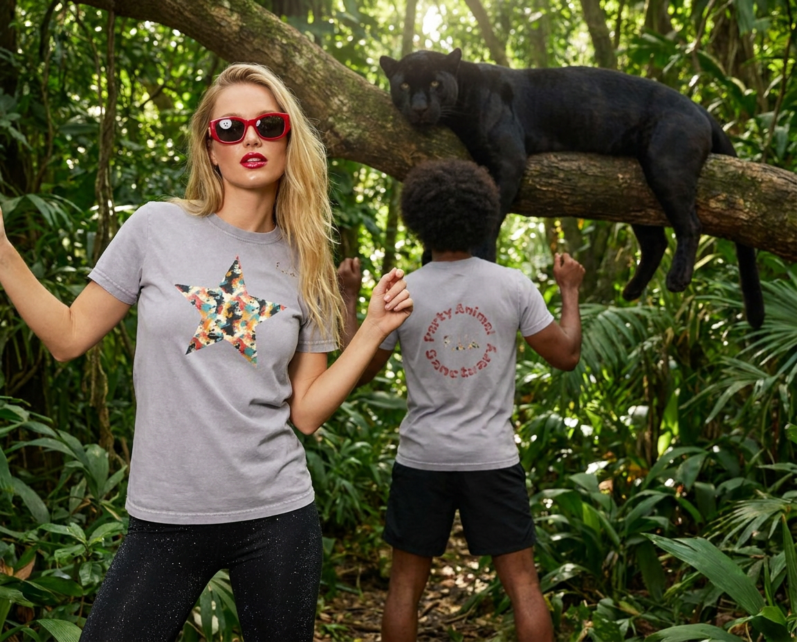 Acid Wash Star Tee — 'Party Animal Sanctuary' Graphic Cotton T-Shirt