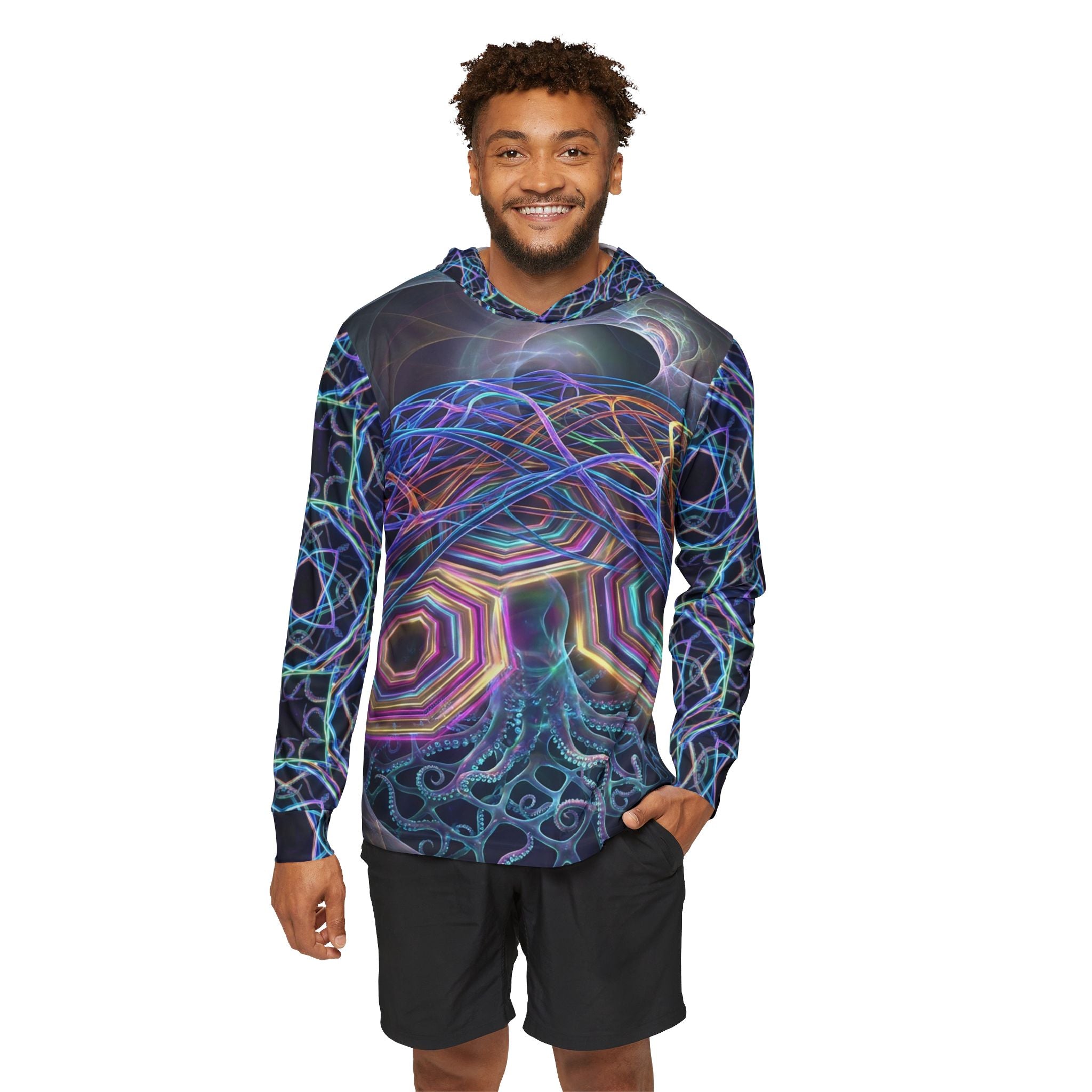 Psychedelic Geometric Hoodie — Neon Fractal All-Over Print Warmup Hoodie