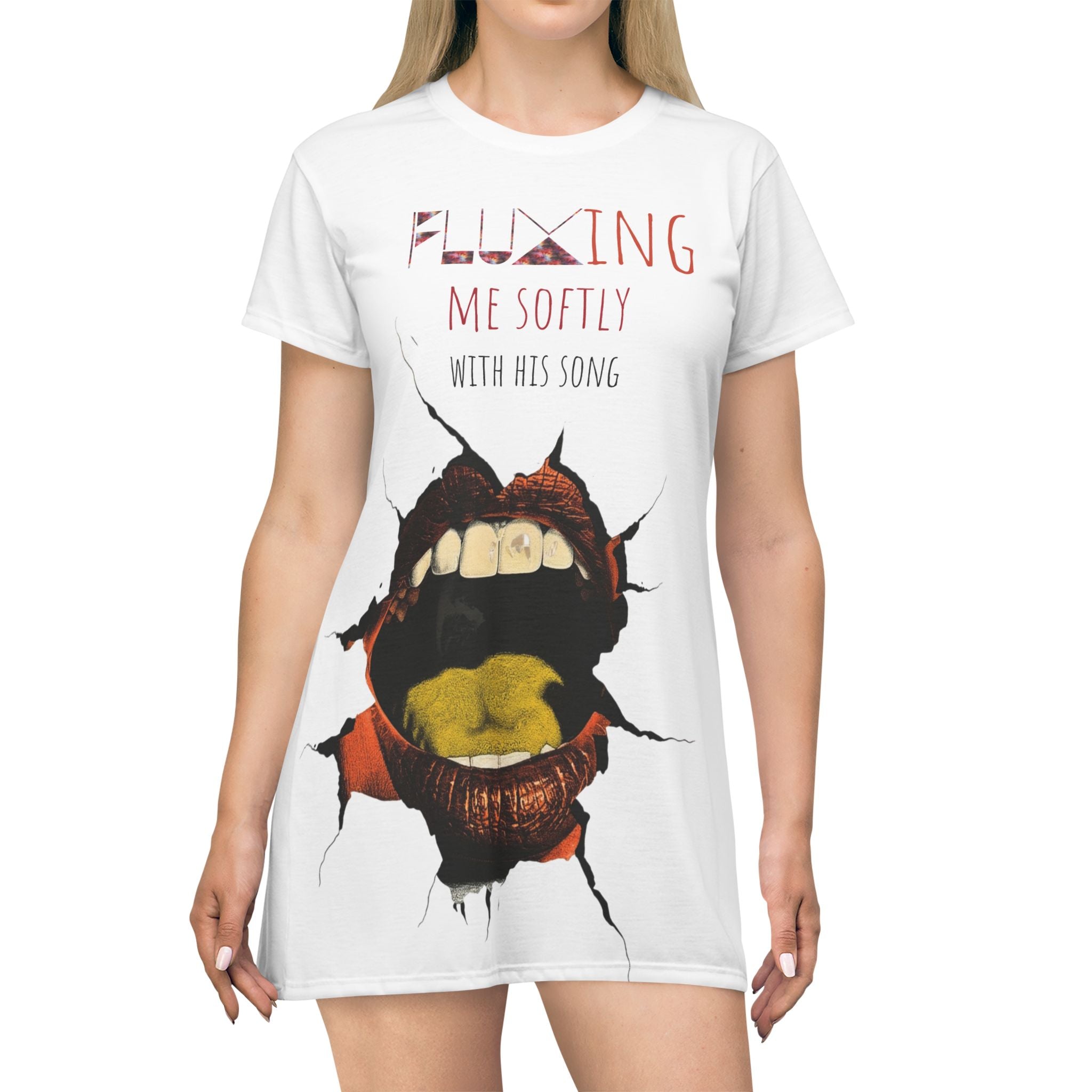 T-Shirt Dress — 'Fluxing Me Softly' Graphic T-Shirt Dress with Ripped Lip Design (Le Flux c'est chic)