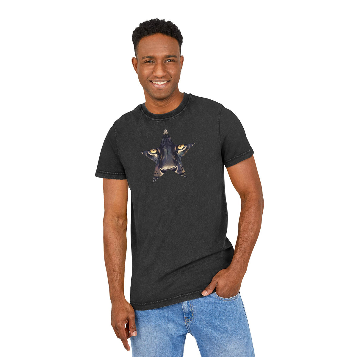 Black Panther Acid-Wash Tee - Yellow Eyes Graphic, 'Party Animal Sanctuary' Backprint