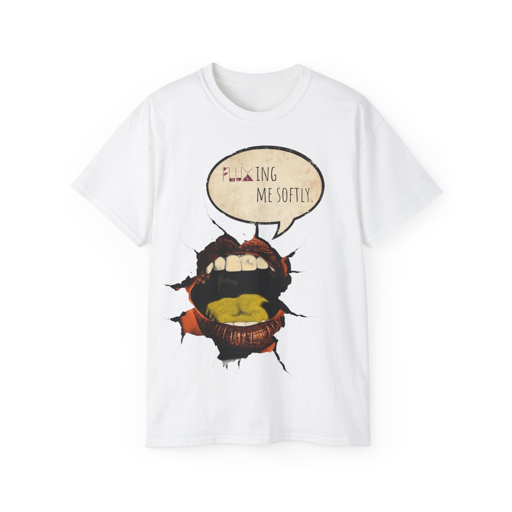 Graphic Tee — 'Fluxing Me Softly' Lip Art T-Shirt (Fluxification Back Print)